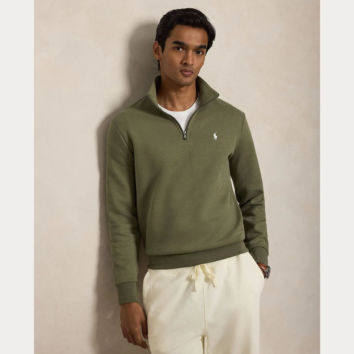 Pull Ralph Lauren Kaki - PULL À QUART DE ZIP EN MAILLE DOUBLE Ralph Lauren
