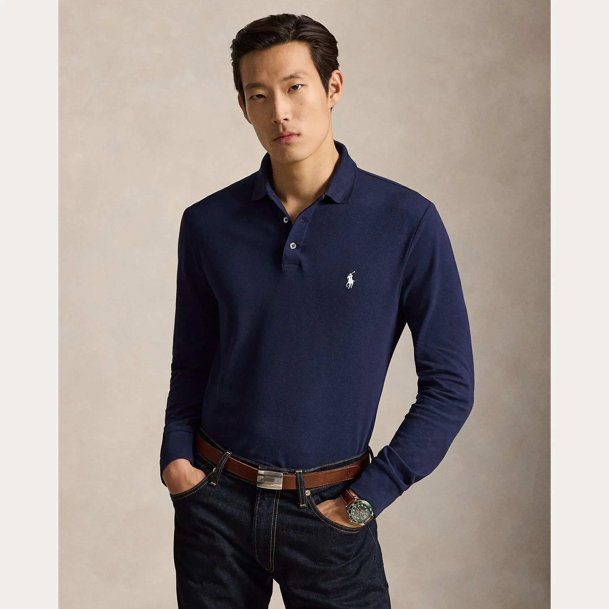 Polo Manche Longue Ralph Lauren Bleu Marine -  Polo en maille extensible coupe ajustée Ralph Lauren