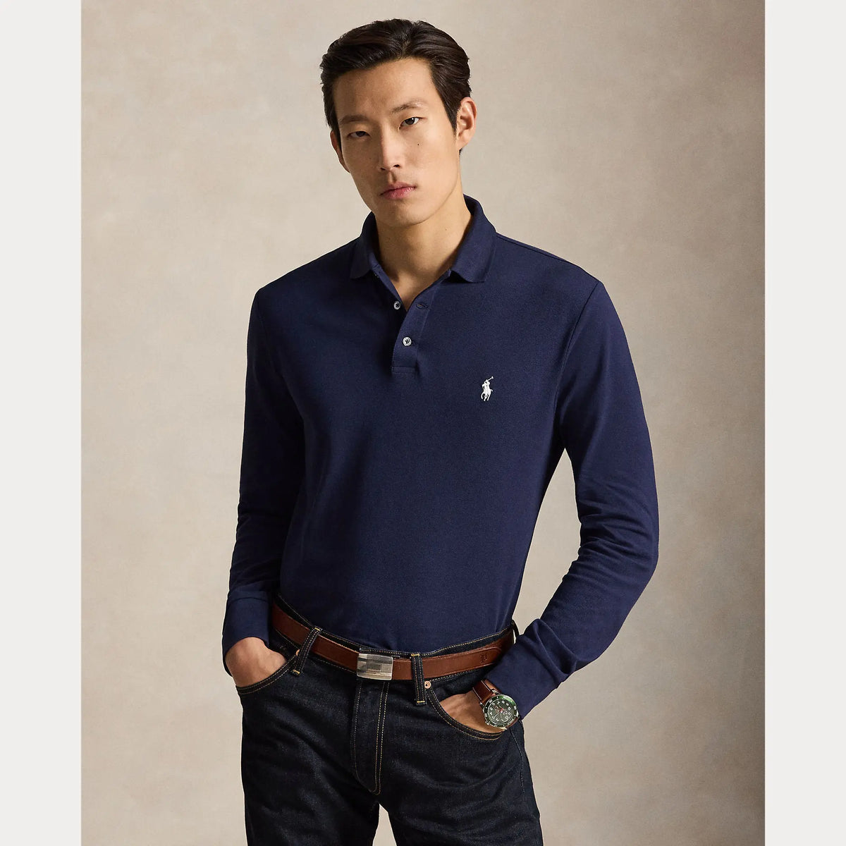 Polo Manche Longue Ralph Lauren Bleu Marine -  Polo en maille extensible coupe ajustée Ralph Lauren